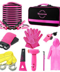 Pink Car Emergency Kit For Women with jumper cables, tow rope, safety hammer, gloves, and rescue tools for roadside emergencies.