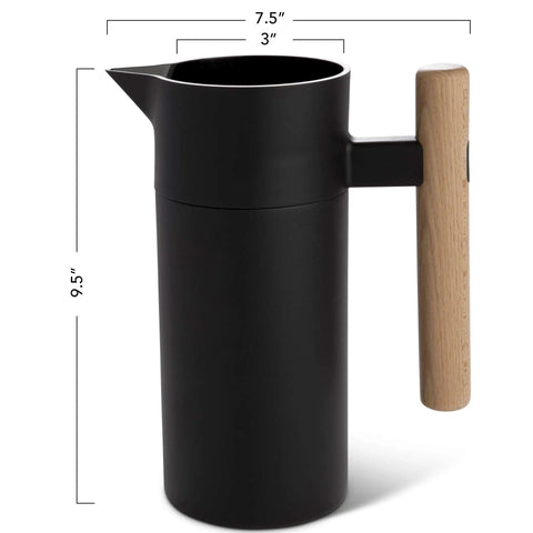 40 Oz Thermal Coffee Carafe With Tea Infuser Stainless Steel Double Walled Vacuum Insulated Beverage Dispenser, side view with dimensions