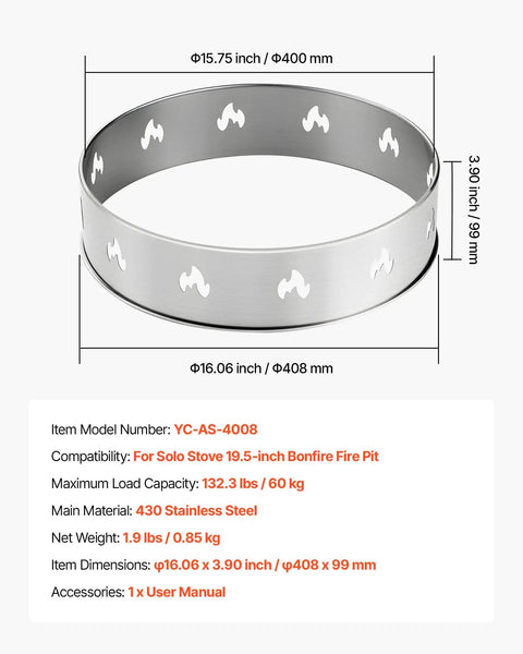 Stainless Steel Fire Pit Stand For Solo Stove Bonfire 19.5 Inch Ring Compatible Smokeless Fire Pit Frame diagram with dimensions