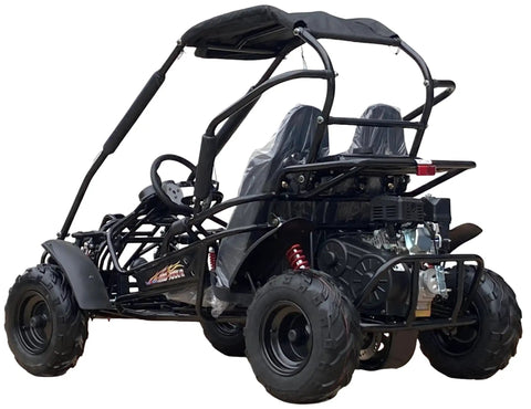 Rear view of Mid XRX Deluxe Go Kart Buggy with full roll cage, safety harness, dual seats, cargo rack, and 212cc engine, black
