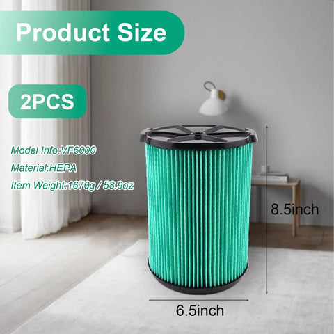 2 Pack VF6000 HEPA Replacement Filter showing size dimensions, model info, and material specification for 5-20 gallon vacuums.