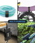 Elastic Cinch Straps With Anti Slip Strips 12 Inch Long 2 Inch Wide Eight Pack securing hose, yoga mat, power adapter, and bike frame.