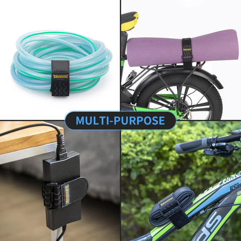Elastic Cinch Straps With Anti Slip Strips 12 Inch Long 2 Inch Wide Eight Pack securing hose, yoga mat, power adapter, and bike frame.