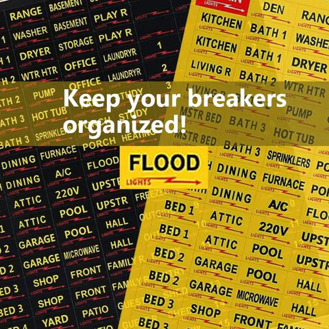 Kick Ass Circuit Breaker Labels Designed To Tame Your Electrical Panel With A Super Solid Grip That Keeps Yellow Markers Secure Indoors Or Outdoors For Hassle Free Home Repair Jobs, featuring various durable yellow adhesive labels for circuit breakers.