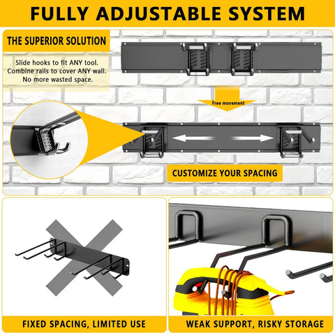 Heavy Duty Garage Tool Organizer Wall Mount 48 Inch Storage Rack With 6 Adjustable Double Hooks for Shovels, Snowboards, Rakes