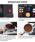 Operation steps for Built Like A Tank Rechargeable 58mm Auto Induction Coffee Tamper with adjustable settings and pressure control.