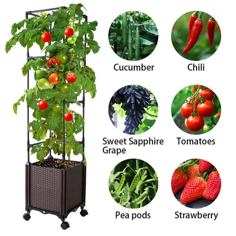 56 Inch Raised Garden Bed With Tomato Cage And Trellis, Self Watering Planter Box For Vegetables And Flowers, Lockable Wheels