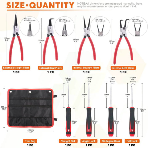 Heavy Duty Snap Ring Pliers Set 8 Piece 9 Inch Internal External Circlip Pliers With Hook Tools for DIY Automotive Ring Removal.