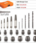 Set of 25 piece screw and bolt extractor set with left hand drill bit, featuring hex socket adaptors and storage case.