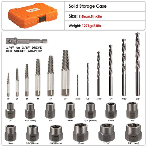 Set of 25 piece screw and bolt extractor set with left hand drill bit, featuring hex socket adaptors and storage case.