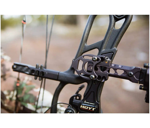 Close-up of XL Quiver Mounting Bracket for Crossbow and Archery Gear, Clearance Boost For Arrow Rest Clearance on bow