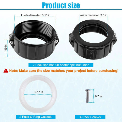 2-pack spa heater split-nut unions in black plastic with screws and white gasket for 2-inch heater assemblies.