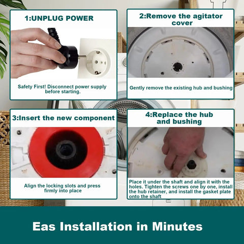 Installation guide for Washer Basket Driven Hub Kit With 52719 Bushing for heavy-duty top-load machines shown in four steps.