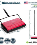 No Sweat Push Powered Carpet Sweeper With Triple Brush Heads For Big Time Dust Pickup On Area Rugs And Vinyl Floors Grabs Pet Hair And Crumbs Smoothly Without Cords Batteries Or Setup with adjustable handle, dimensions displayed.