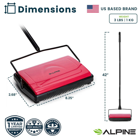 No Sweat Push Powered Carpet Sweeper With Triple Brush Heads For Big Time Dust Pickup On Area Rugs And Vinyl Floors Grabs Pet Hair And Crumbs Smoothly Without Cords Batteries Or Setup with adjustable handle, dimensions displayed.
