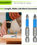 Electric drill using 50mm screwdriver bits with dual PH1 and PH2 ends, featuring blue accents for enhanced performance.