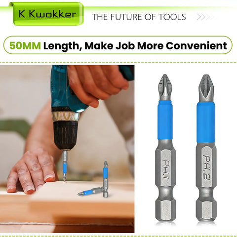 Electric drill using 50mm screwdriver bits with dual PH1 and PH2 ends, featuring blue accents for enhanced performance.