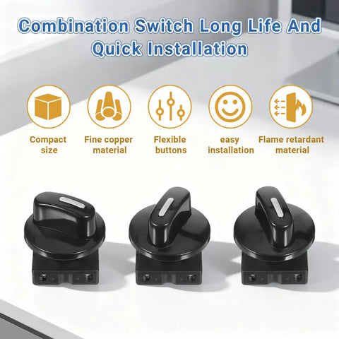 Three rotary switches with knobs displayed, promoting features: compact size, copper material, flame retardant, from Two Pack Four Position Rotary Switch With Knob For Heaters And Fans, Three Speed Settings Plus Off, 13A At 125V Or 10A At 250V, Universal Speed Selector, Flame Retardant Plastic, Durable Plug And Play DIY Friendly Switch For Appliances.