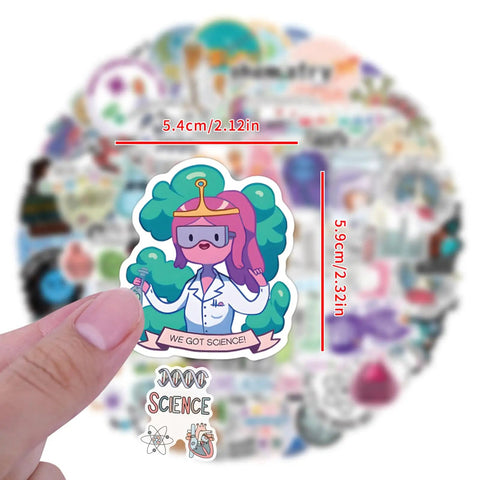 Close-up of a vinyl decal from the 110 Piece Science Stickers Pack For Chemistry Biology Physics Fans with a cartoon scientist.
