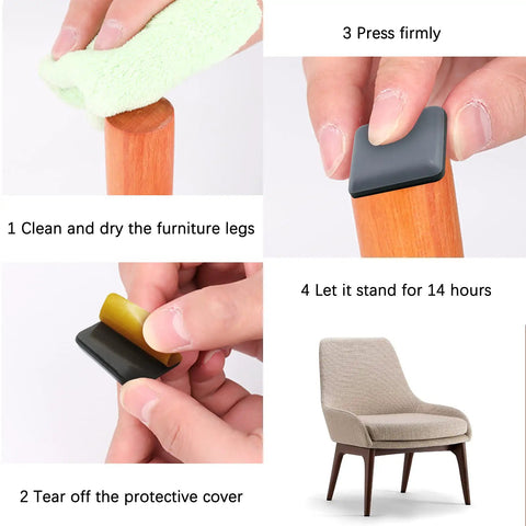 Instructions showing installation of 12 Pack 1 Inch Teflon Furniture Glides Pads with Self Stick Sliders for Carpet Tile and Hardwood Floors