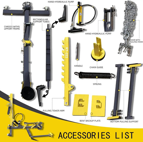 5 Ton Hydraulic Auto Body Dent Puller Kit With Pneumatic Sheet Metal Straightener And Portable Repair Stand For Easy One Person Panel Repair And Serrated Chain Clamps For Secure Dent Removal Pro Grade accessories layout