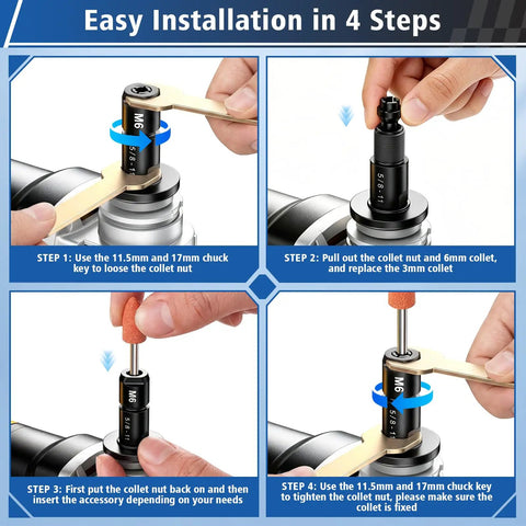 Installation steps for 2 Pack Angle Grinder To Die Grinder Adapter With 5/8-11 Thread, 1/4 Inch And 1/8 Inch Collets shown in four images.
