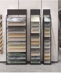 Heavy Duty Floor Tile Display Rack And Sample Organizer Shelf showcasing multiple tile samples in a sleek iron frame.