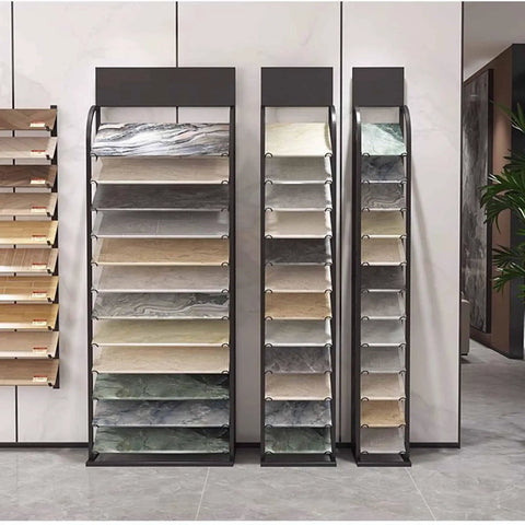 Heavy Duty Floor Tile Display Rack And Sample Organizer Shelf showcasing multiple tile samples in a sleek iron frame.