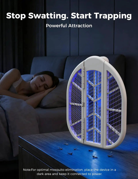 Foldable Electric Fly Swatter Racket With 4000V High Voltage, 1500mAh Rechargeable Battery, Dual Modes, Blue Light in use