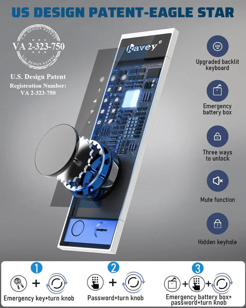 Close-up view of an electronic lock system with a backlit keypad, emergency battery, and turn knob, featuring three unlocking options.