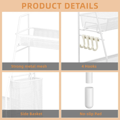 2 Tier Bathroom Organizer Countertop with Metal Wire Mesh Basket Hooks Vanity Tray Shelf Kitchen Spice Rack White Finish details