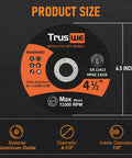Ultra Thin 4 1/2 Inch Cut Off Wheel Pack For Metal And Stainless Steel Grinding On Angle Grinders 0.045 Inch Thick 13,300 RPM Seven Eighths Inch Arbor 50 Pack For Fast Burr Free Precise Cutting And Minimal Material Loss, product size diagram showing dimensions and material.