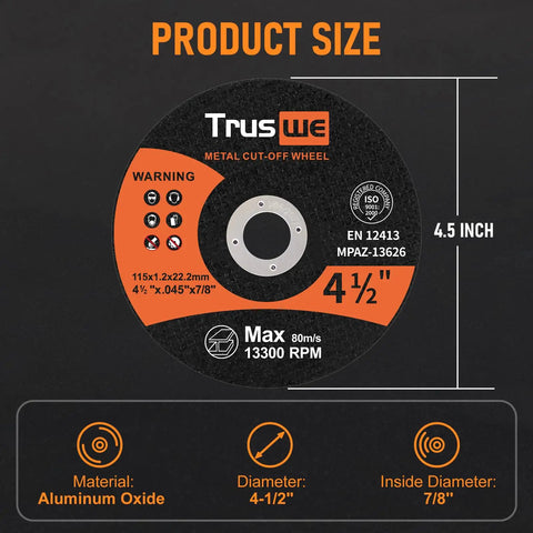 Ultra Thin 4 1/2 Inch Cut Off Wheel Pack For Metal And Stainless Steel Grinding On Angle Grinders 0.045 Inch Thick 13,300 RPM Seven Eighths Inch Arbor 50 Pack For Fast Burr Free Precise Cutting And Minimal Material Loss, product size diagram showing dimensions and material.