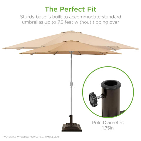 Heavy Duty 26 Pound Steel Patio Umbrella Stand With Bronze Finish Square Base Decorative Basket Weave Pattern Weather Resistant Resin Wind Resistant Fits 1.5 To 1.75 Inch Poles supporting umbrella.