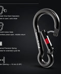 Black heavy duty carabiner clip with spring snap wire gate, 3 inch aluminum for keys and gym gear, close-up view.
