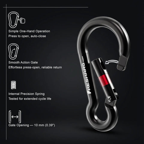 Black heavy duty carabiner clip with spring snap wire gate, 3 inch aluminum for keys and gym gear, close-up view.