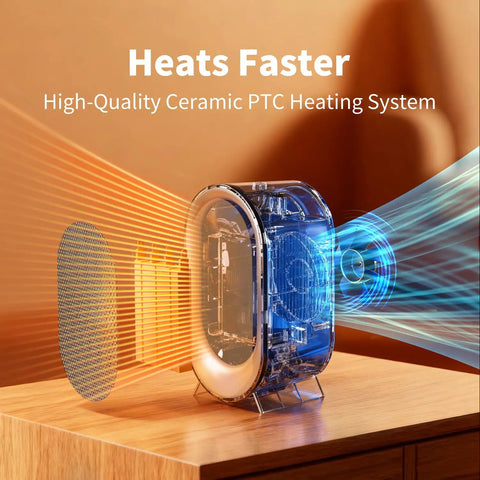 Cutaway view of Hot In 2 Seconds 850W PTC Ceramic Space Heater showing heating system on a wooden table.