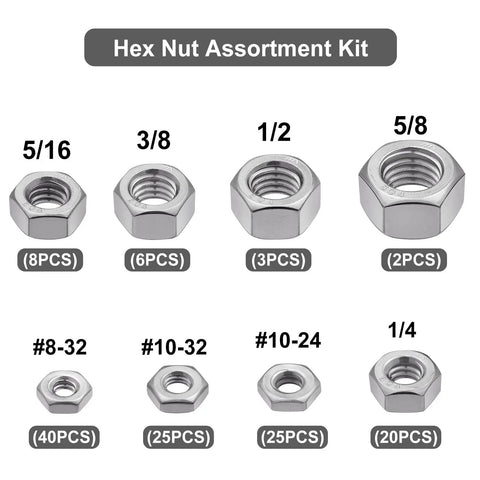 129-Piece SAE Hex Nuts Assortment Kit 8-32 10-24 10-32 1/4-20 5/16-18 3/8-16 1/2-13 5/8-11 Stainless 304 External Hex Nut Set