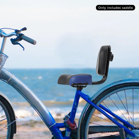 Universal Bike Seat With Backrest For Maximum Comfort Oversized Cushioned Bicycle Saddle With High Density Foam Adjustable Height And Extra Support For Long Rides And All Day Comfy Cruising, side view on blue bike