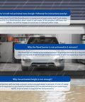 Garage with 5 Pack Water Barrier Flood Barriers, 5 Ft Long by 6.5 In Wide, showing setup and usage instructions