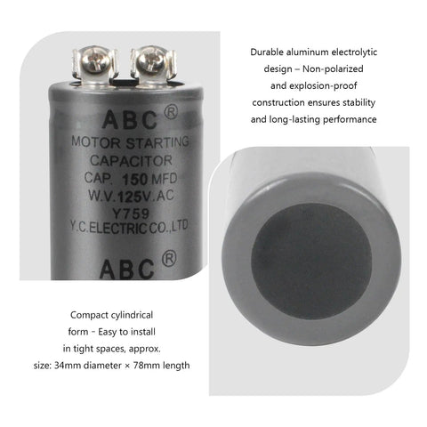 Reliable 150MFD 125VAC CD60 Motor Start Run AC Capacitor Cylinder Type Replacement, close-up of terminals and side view.