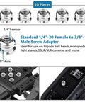 Camera Tripod Adapter Stash Includes 26 Piece Threading Screws One Quarter To Three Eighth Hot Shoe Converter Quick Release Brass Hardware Rig Ready No Sweat Game Changing, 10 piece screw adapters, 1/4" to 3/8" metal.