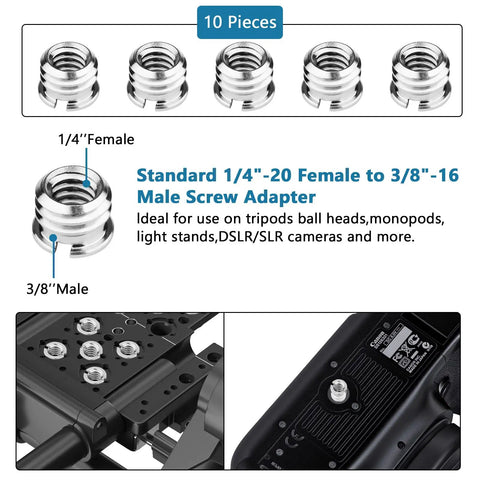 Camera Tripod Adapter Stash Includes 26 Piece Threading Screws One Quarter To Three Eighth Hot Shoe Converter Quick Release Brass Hardware Rig Ready No Sweat Game Changing, 10 piece screw adapters, 1/4" to 3/8" metal.