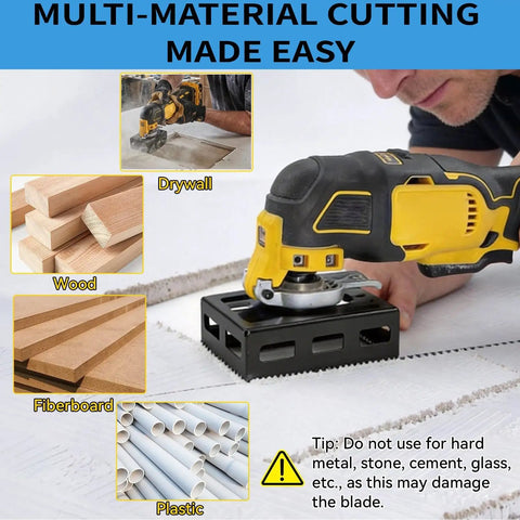 Power tool with 2-Pack Upgrade Square Slot Cutter for Drywall and Single-Gang Boxes, demonstrating cutting features on various materials.