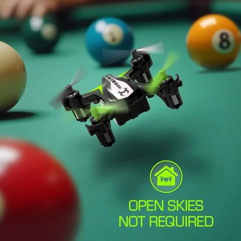 Dash Nano Performance RC Drone for fast indoor flying navigating over a pool table with safe self-correcting flight