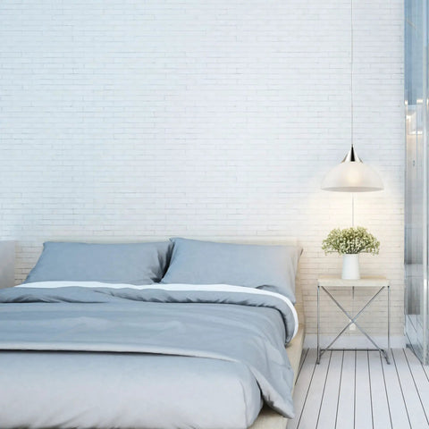 Dead Center Style Plug And Play Pendant With Brushed Steel Finish Frosted White Shade And A No Sweat 15 Foot Clear Cord With Inline Switch over bed.