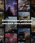 Collage of game scenes with text '200+ supported games with over 500k users worldwide.'