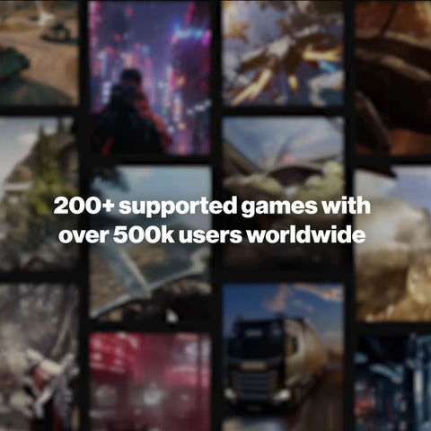 Collage of game scenes with text '200+ supported games with over 500k users worldwide.'