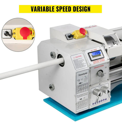 Powerful 1100W Metal Lathe Machine With Brushless Motor And Infinitely Variable Speed Control Up To 3000 RPM Compact Benchtop Tool for precision machining with LED display.