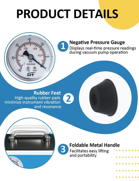 Pressure gauge, rubber foot, and metal handle details of Oil Free Diaphragm Vacuum Pump For Labs Pro Grade Ultra Quiet Operation